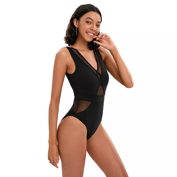Balck V Neckline Swimsuit with Mesh.png